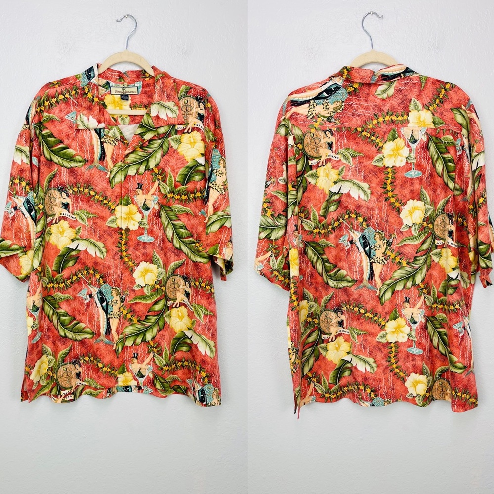 Tommy Bahama 2004 in Full Swing Salmon Pink Lei Orchid Martini Hawaiian Shirt